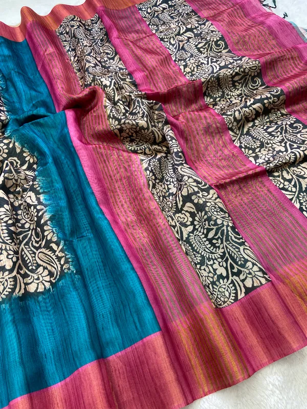Mirza_Pink_&_Rama_Green_–_Festive_Season_Special_|_Soft_Tussar_Silk_Saree_with_Print,_Border_&_Contrast_Print_Blouse_with_Tassels