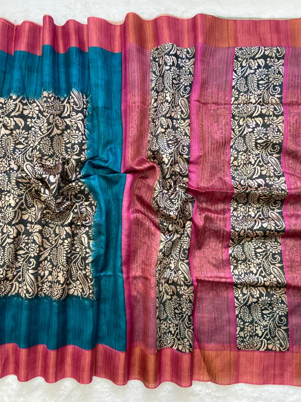 Mirza_Pink_&_Rama_Green_–_Festive_Season_Special_|_Soft_Tussar_Silk_Saree_with_Print,_Border_&_Contrast_Print_Blouse_with_Tassels