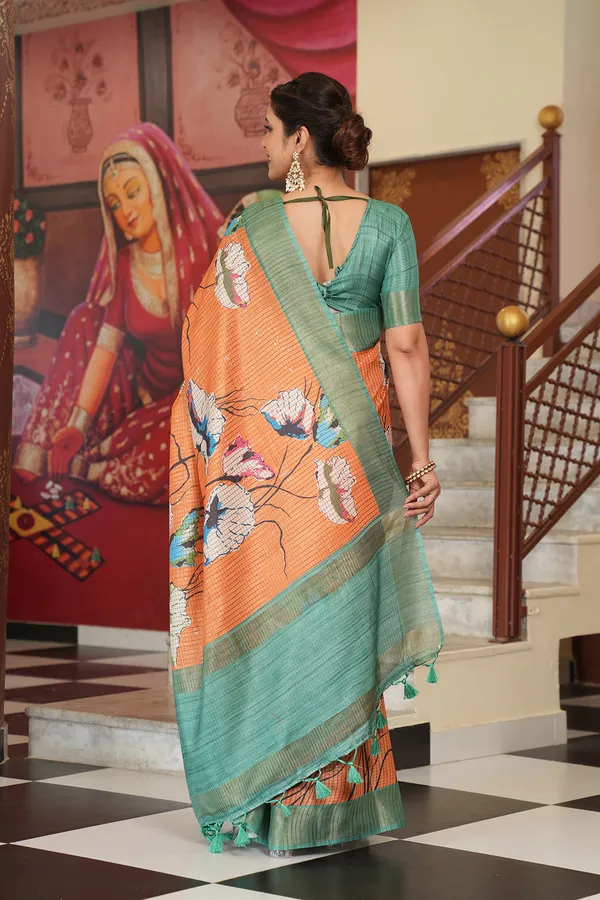 Purna_Orange_–_Complete_Aesthetic_Edit_for_You_|_Soft_Tussar_Silk_Saree_with_Digital_Print,_Checks_Design_Saree_&_Digital_Print_Blouse_with_Tassels