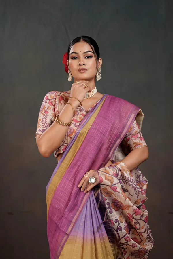 Soft_Semi_Tussar_Silk_sarees_with_Beautiful_Digital_Print_With_Attractive_Border_And_Contrast_Print_Blouse_With_Tassels