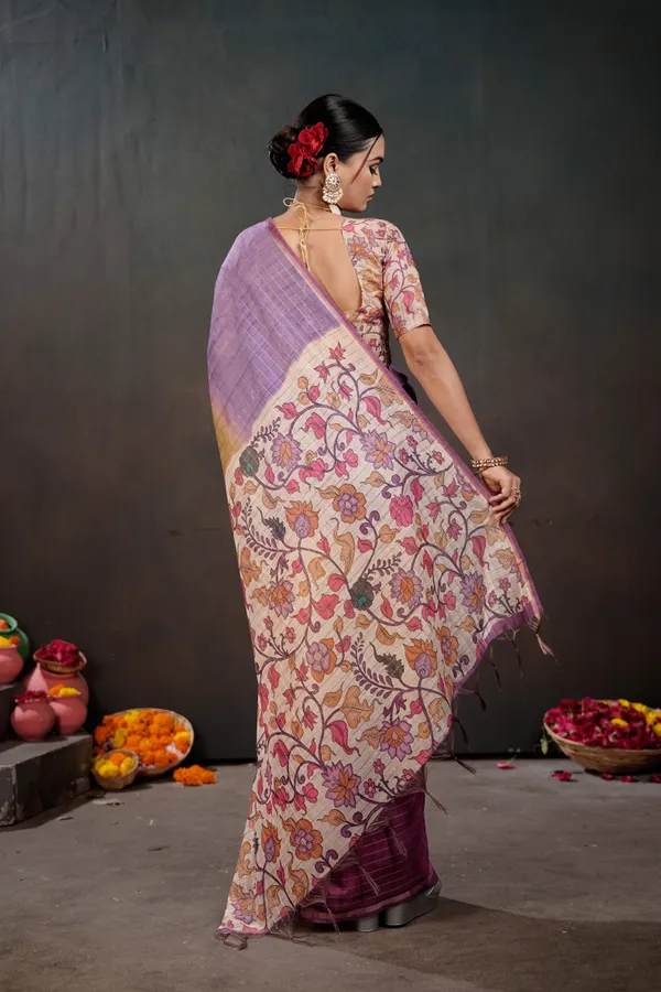 Soft_Semi_Tussar_Silk_sarees_with_Beautiful_Digital_Print_With_Attractive_Border_And_Contrast_Print_Blouse_With_Tassels