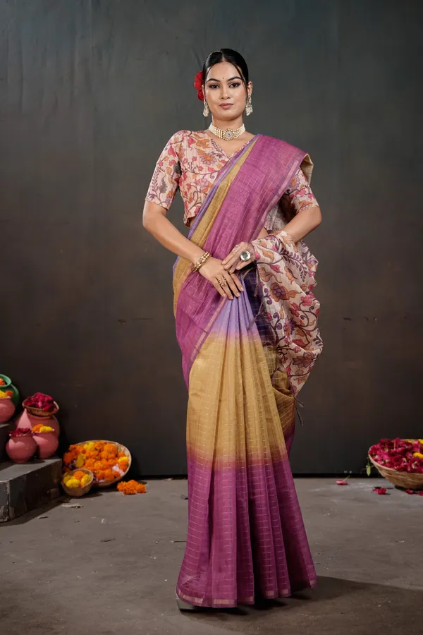 Soft_Semi_Tussar_Silk_sarees_with_Beautiful_Digital_Print_With_Attractive_Border_And_Contrast_Print_Blouse_With_Tassels