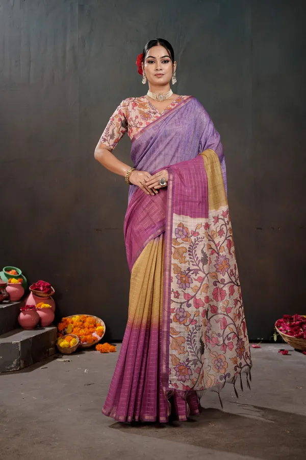 Soft_Semi_Tussar_Silk_sarees_with_Beautiful_Digital_Print_With_Attractive_Border_And_Contrast_Print_Blouse_With_Tassels