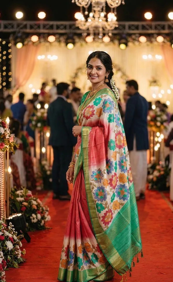 Aashvika_Pink_–_Navratri_Special_|_Soft_Tussar_Silk_Saree_with_Digital_Print,_Border_&_Contrast_Print_Blouse_with_Tassels