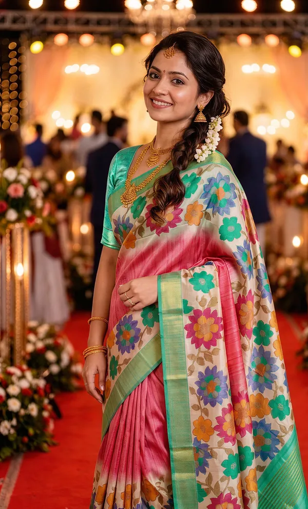 Aashvika_Pink_–_Navratri_Special_|_Soft_Tussar_Silk_Saree_with_Digital_Print,_Border_&_Contrast_Print_Blouse_with_Tassels