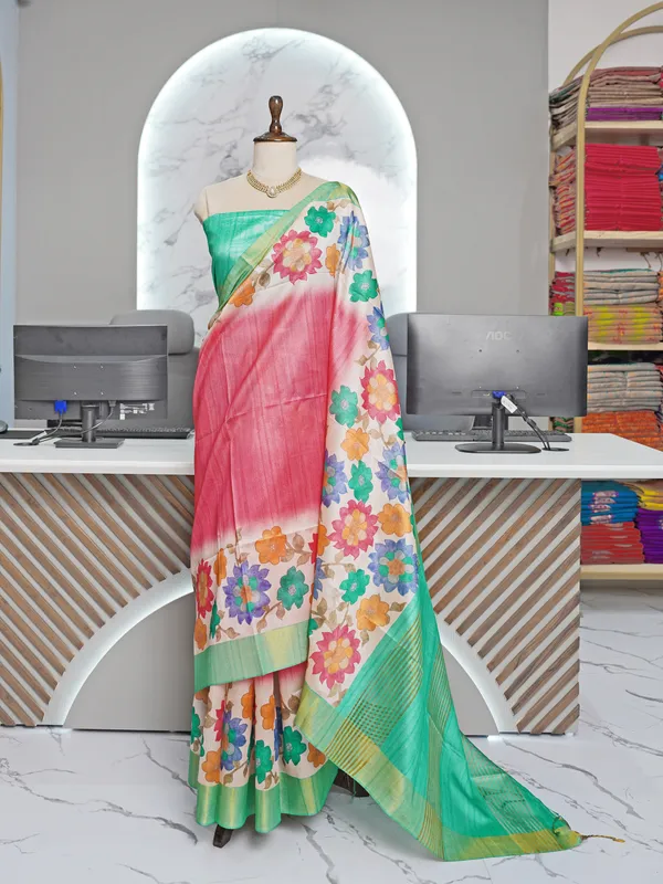 Aashvika_Pink_–_Navratri_Special_|_Soft_Tussar_Silk_Saree_with_Digital_Print,_Border_&_Contrast_Print_Blouse_with_Tassels
