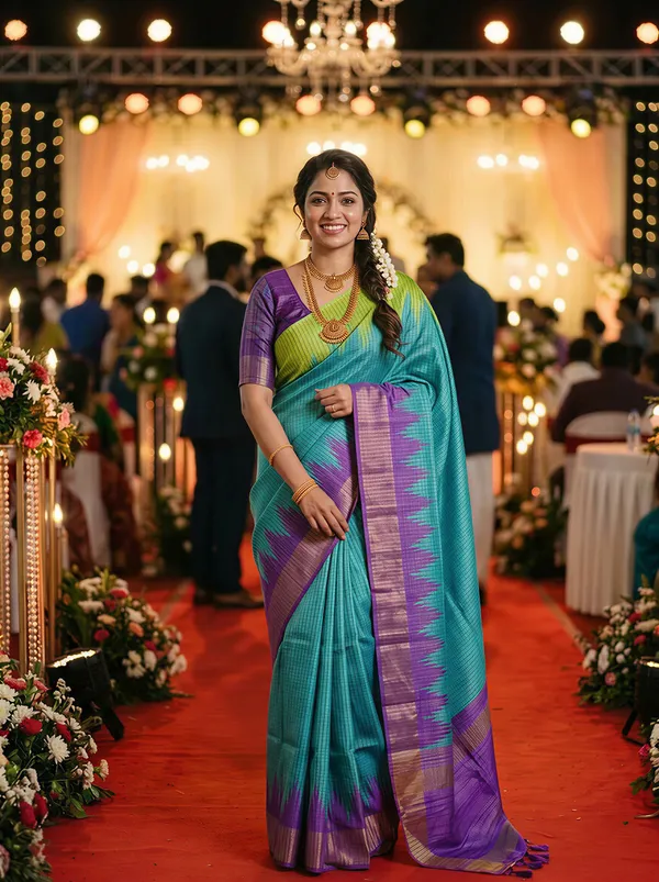 Gaurika_Rama_Green_–_Divine_Navratri_Special_|_Soft_Tussar_Silk_Saree_with_Digital_Print,_Checks_Design_Saree_&_Digital_Print_Blouse_with_Tassels