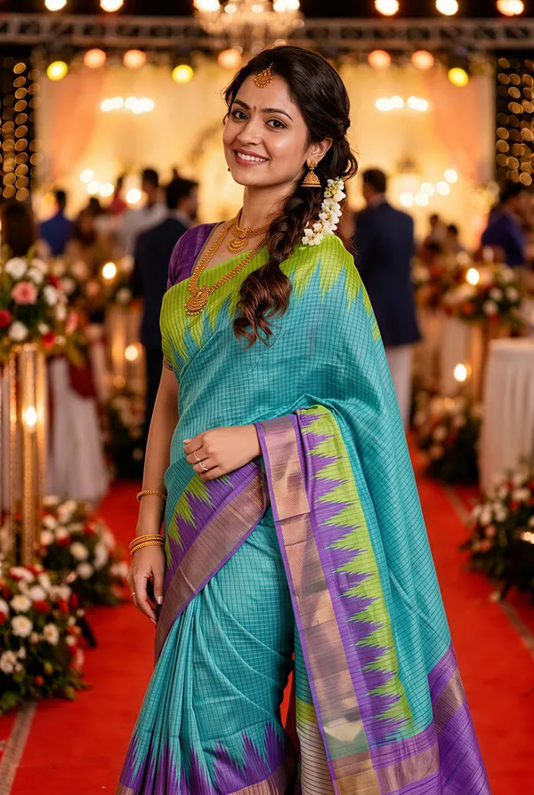 Gaurika_Rama_Green_–_Divine_Navratri_Special_|_Soft_Tussar_Silk_Saree_with_Digital_Print,_Checks_Design_Saree_&_Digital_Print_Blouse_with_Tassels