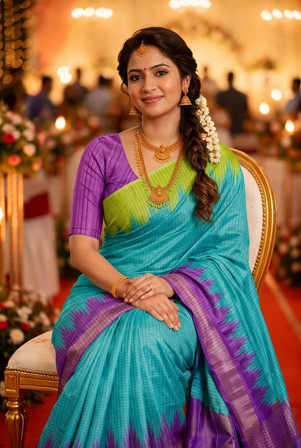 Gaurika_Rama_Green_–_Divine_Navratri_Special_|_Soft_Tussar_Silk_Saree_with_Digital_Print,_Checks_Design_Saree_&_Digital_Print_Blouse_with_Tassels