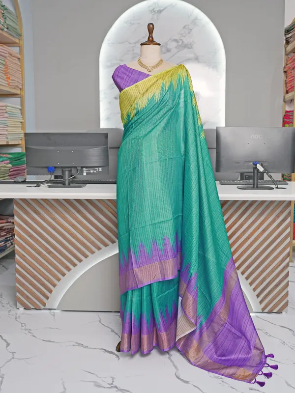 Gaurika_Rama_Green_–_Divine_Navratri_Special_|_Soft_Tussar_Silk_Saree_with_Digital_Print,_Checks_Design_Saree_&_Digital_Print_Blouse_with_Tassels