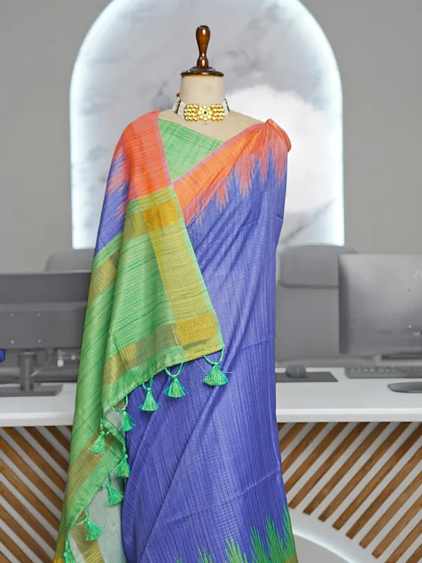 Soft_Tussar_Silk_sarees_with_Beautiful_Digital_Print_With_Attractive_Checks_Design_Saree_And_Digital_Print_Blouse_With_Tassels