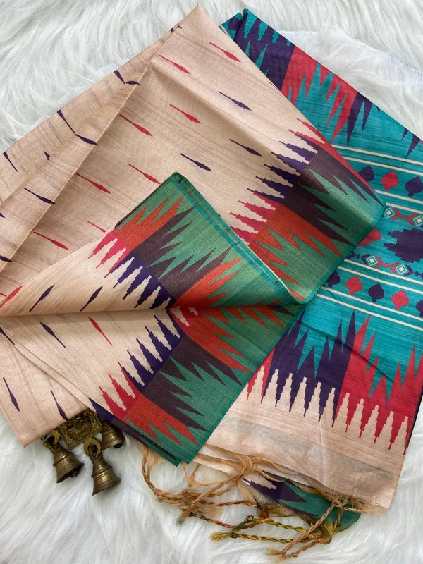 Manasvi_Rama_Green_–_Noble_Hearted_Navratri_Special_|_Soft_Tussar_Silk_Saree_with_Print,_Border_&_Contrast_Print_Blouse_with_Tassels
