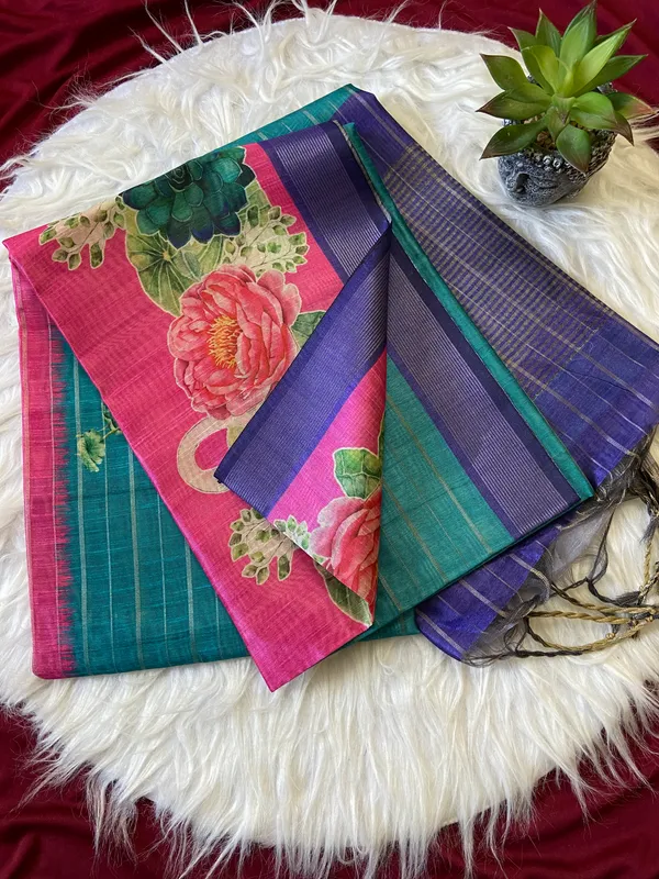 Soft_Semi_Tussar_Silk_sarees_with_Beautiful_Digital_Print_With_Attractive_Border_And_Contrast_Print_Blouse_With_Tassels
