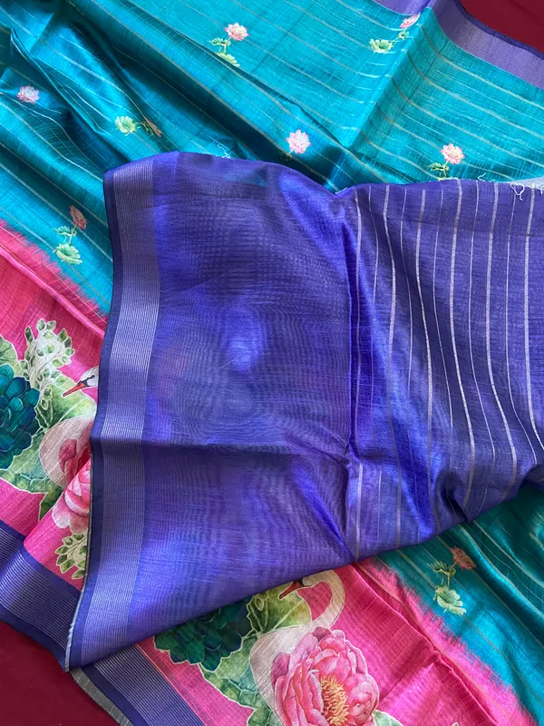 Soft_Semi_Tussar_Silk_sarees_with_Beautiful_Digital_Print_With_Attractive_Border_And_Contrast_Print_Blouse_With_Tassels