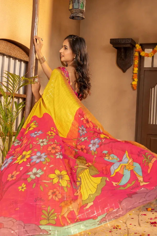 Baani_Yellow_–_Diwali_Special_|_Soft_Semi_Tussar_Silk_Saree_with_Digital_Print,_Border_&_Contrast_Print_Blouse_with_Tassels