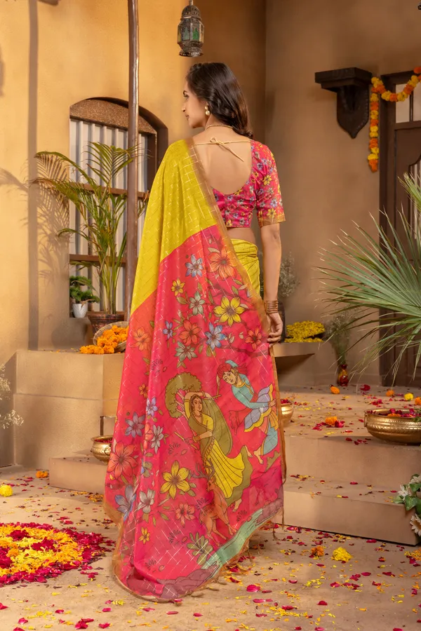 Baani_Yellow_–_Diwali_Special_|_Soft_Semi_Tussar_Silk_Saree_with_Digital_Print,_Border_&_Contrast_Print_Blouse_with_Tassels