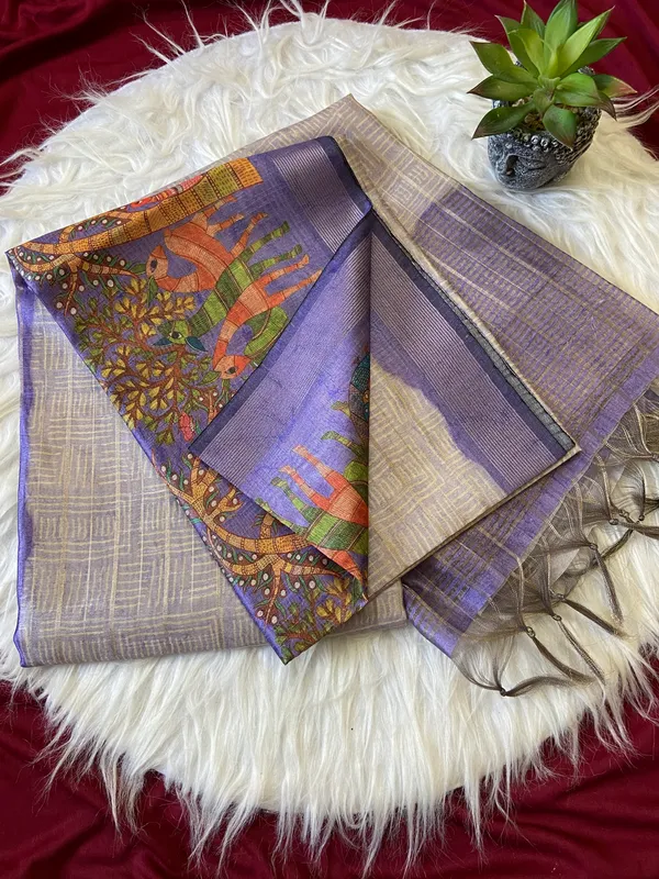 Soft_Semi_Tussar_Silk_sarees_with_Beautiful_Digital_Print_With_Attractive_Border_And_Contrast_Print_Blouse_With_Tassels