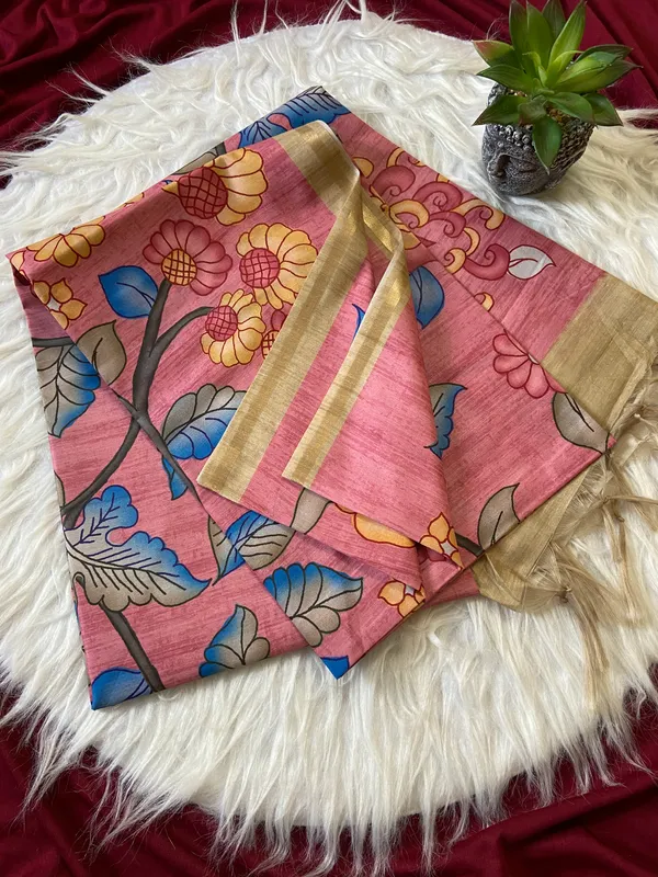 Soft_Tussar_Silk_sarees_with_Beautiful_Digital_Print_With_Attractive_Border_And_Contrast_Print_Blouse_With_Tassels