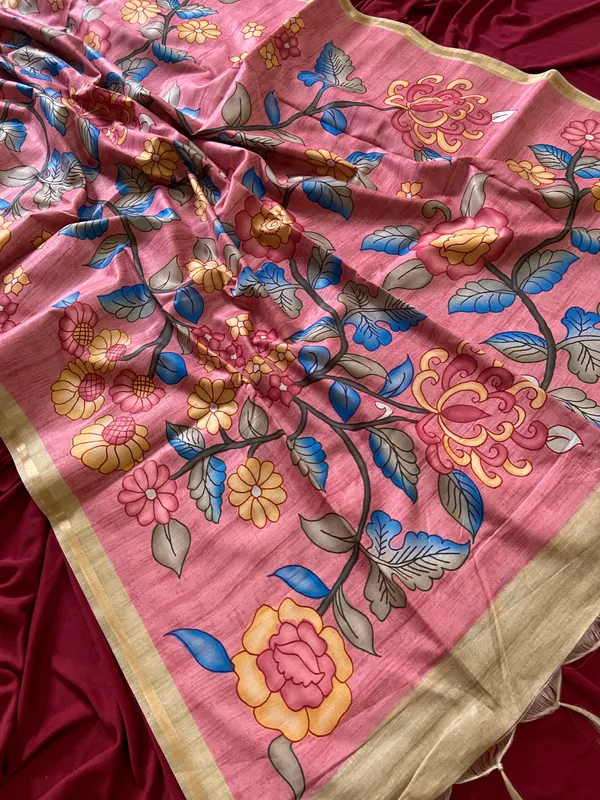 Soft_Tussar_Silk_sarees_with_Beautiful_Digital_Print_With_Attractive_Border_And_Contrast_Print_Blouse_With_Tassels