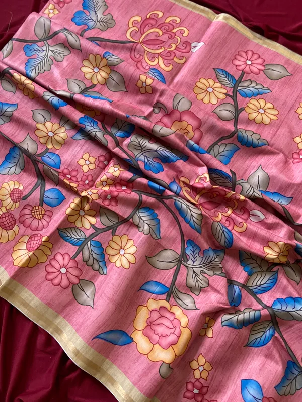 Soft_Tussar_Silk_sarees_with_Beautiful_Digital_Print_With_Attractive_Border_And_Contrast_Print_Blouse_With_Tassels