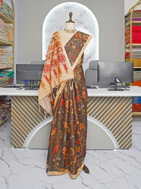 Ekta_Coffee_Brown_–_Together_Aesthetic_Edit_for_You_|_Soft_Tussar_Silk_Saree_with_Digital_Print,_Border_&_Contrast_Print_Blouse_with_Tassels