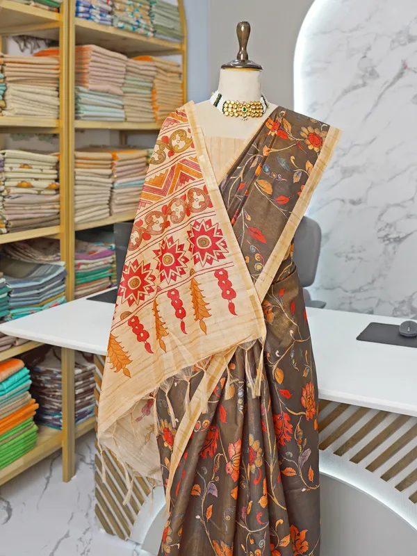 Ekta_Coffee_Brown_–_Together_Aesthetic_Edit_for_You_|_Soft_Tussar_Silk_Saree_with_Digital_Print,_Border_&_Contrast_Print_Blouse_with_Tassels
