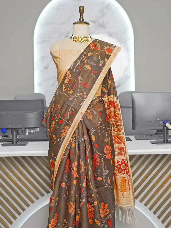 Ekta_Coffee_Brown_–_Together_Aesthetic_Edit_for_You_|_Soft_Tussar_Silk_Saree_with_Digital_Print,_Border_&_Contrast_Print_Blouse_with_Tassels