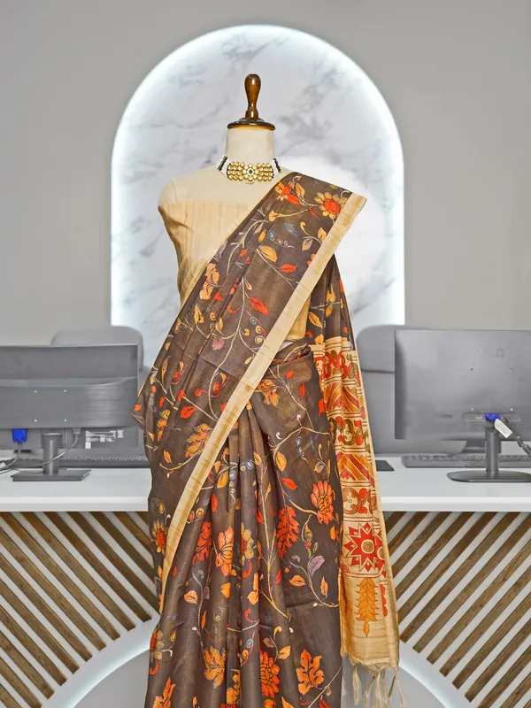 Ekta_Coffee_Brown_–_Together_Aesthetic_Edit_for_You_|_Soft_Tussar_Silk_Saree_with_Digital_Print,_Border_&_Contrast_Print_Blouse_with_Tassels