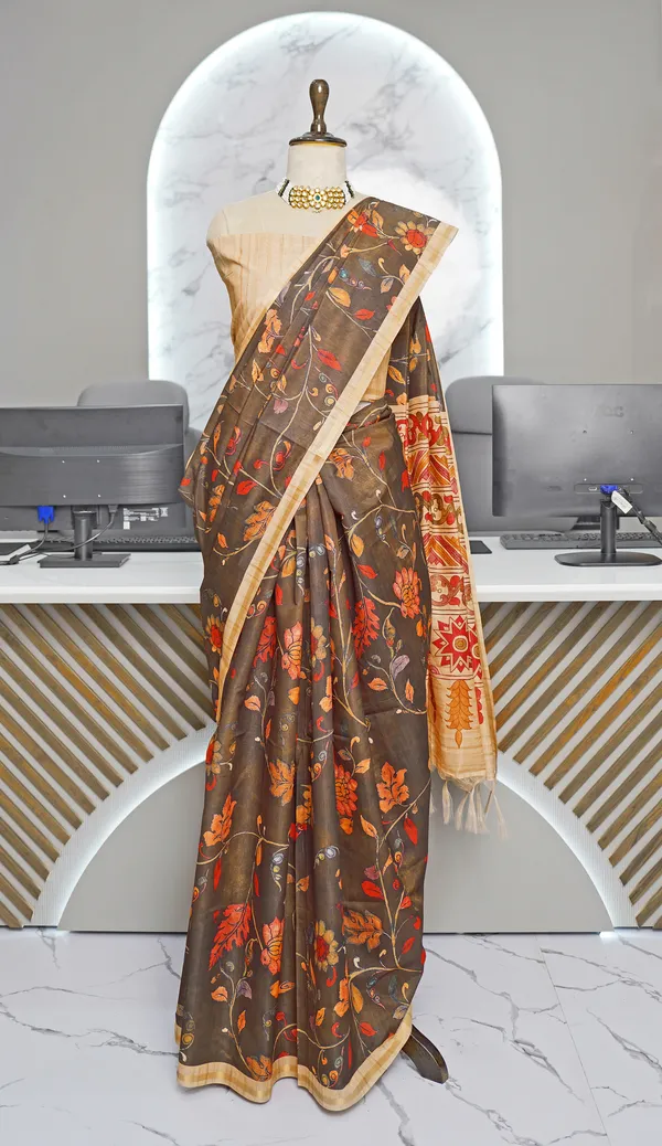 Ekta_Coffee_Brown_–_Together_Aesthetic_Edit_for_You_|_Soft_Tussar_Silk_Saree_with_Digital_Print,_Border_&_Contrast_Print_Blouse_with_Tassels