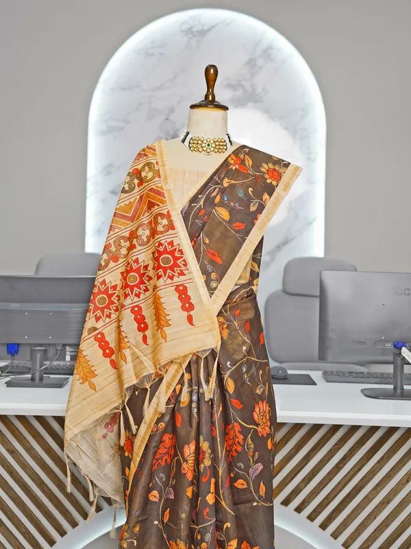 Ekta_Coffee_Brown_–_Together_Aesthetic_Edit_for_You_|_Soft_Tussar_Silk_Saree_with_Digital_Print,_Border_&_Contrast_Print_Blouse_with_Tassels