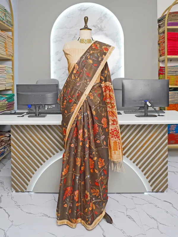 Ekta_Coffee_Brown_–_Together_Aesthetic_Edit_for_You_|_Soft_Tussar_Silk_Saree_with_Digital_Print,_Border_&_Contrast_Print_Blouse_with_Tassels