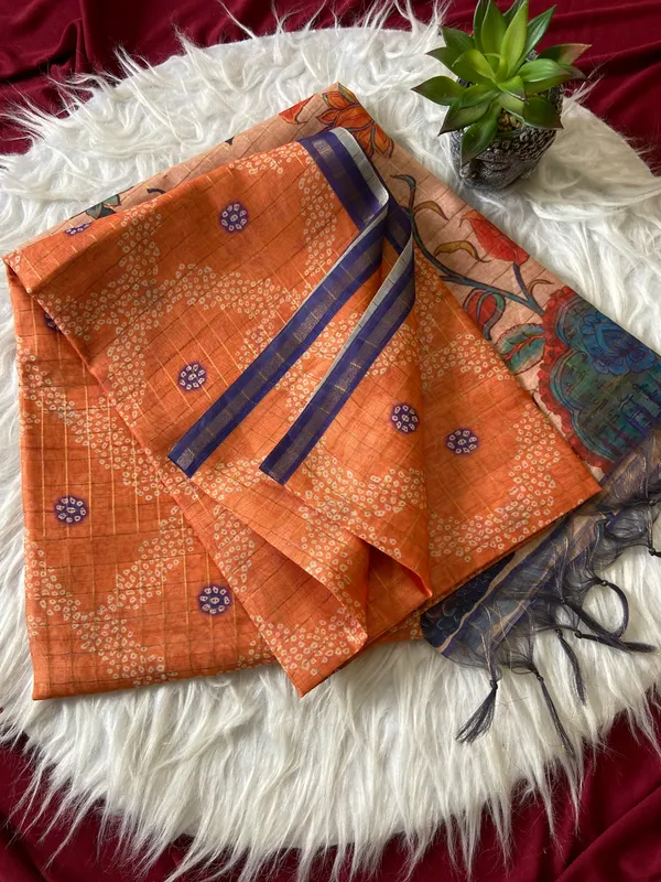 Soft_Semi_Tussar_Silk_sarees_with_Beautiful_Digital_Print_With_Attractive_Border_And_Contrast_Print_Blouse_With_Tassels
