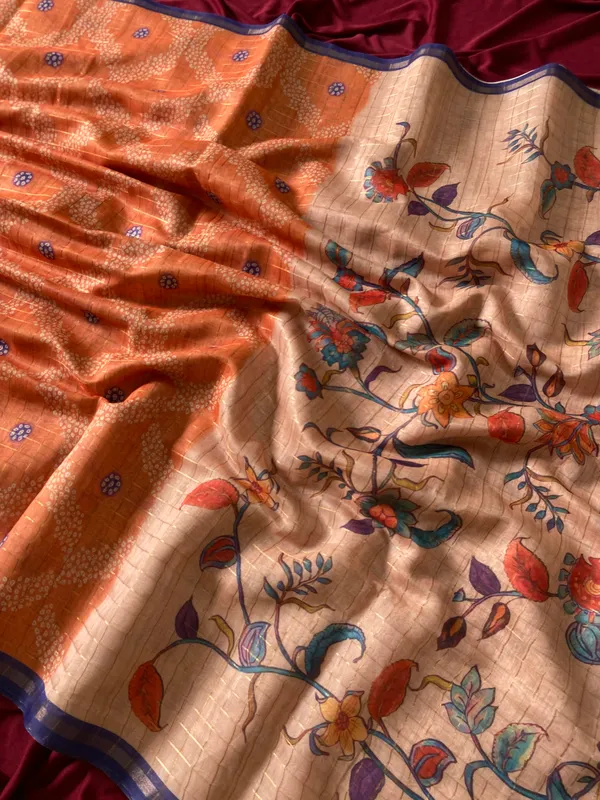 Soft_Semi_Tussar_Silk_sarees_with_Beautiful_Digital_Print_With_Attractive_Border_And_Contrast_Print_Blouse_With_Tassels