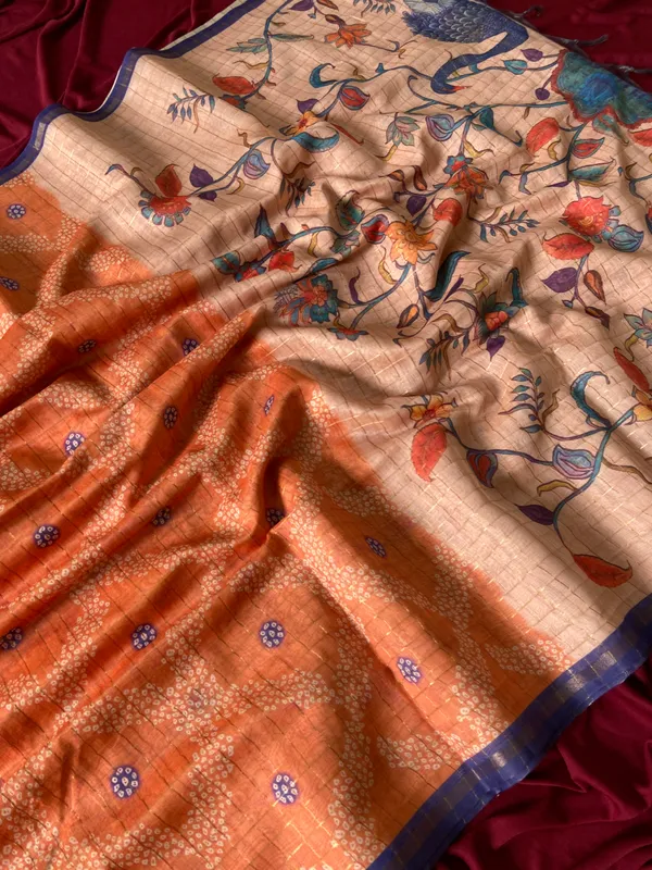 Soft_Semi_Tussar_Silk_sarees_with_Beautiful_Digital_Print_With_Attractive_Border_And_Contrast_Print_Blouse_With_Tassels
