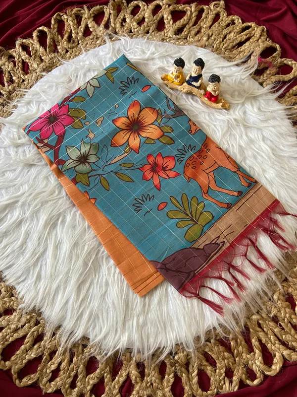 Baani_Orange_–_Diwali_Special_|_Soft_Semi_Tussar_Silk_Saree_with_Digital_Print,_Border_&_Contrast_Print_Blouse_with_Tassels