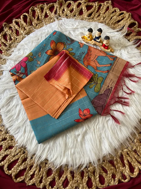 Baani_Orange_–_Diwali_Special_|_Soft_Semi_Tussar_Silk_Saree_with_Digital_Print,_Border_&_Contrast_Print_Blouse_with_Tassels