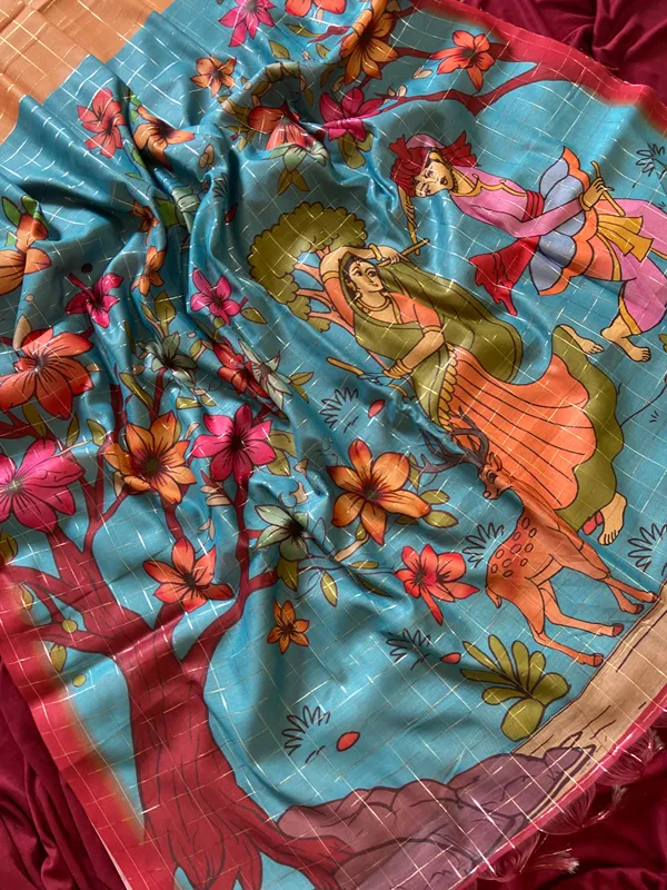 Baani_Orange_–_Diwali_Special_|_Soft_Semi_Tussar_Silk_Saree_with_Digital_Print,_Border_&_Contrast_Print_Blouse_with_Tassels