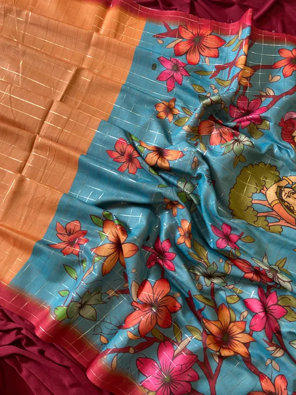 Baani_Orange_–_Diwali_Special_|_Soft_Semi_Tussar_Silk_Saree_with_Digital_Print,_Border_&_Contrast_Print_Blouse_with_Tassels