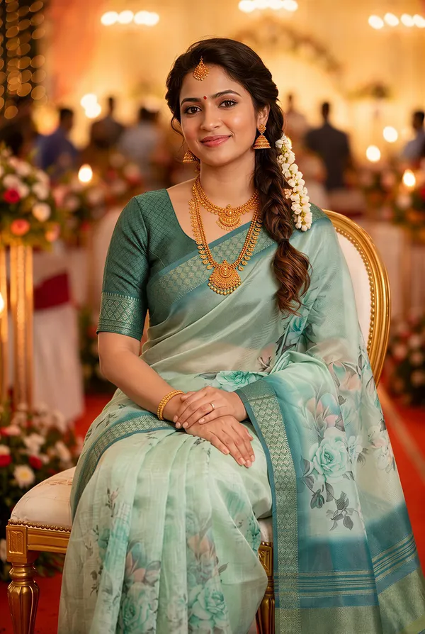 Savya_2_Rama_Green_–_Diwali_Special_|_Soft_Tissue_Silk_Saree_with_Digital_Print,_Border_&_Rich_Pallu,_Sequence_&_Contrast_Print_Blouse_with_Tassels