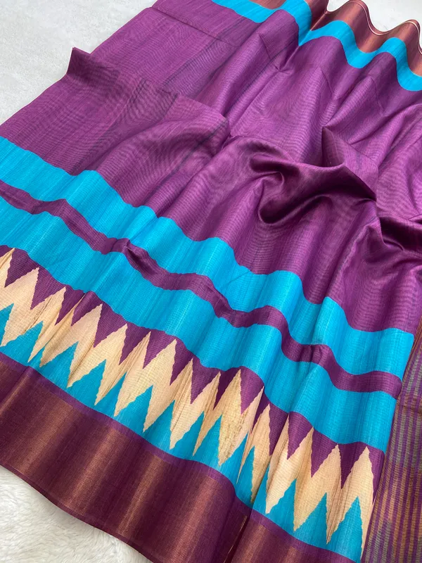 Libni_Purple_–_Navratri_Special_|_Soft_Tussar_Silk_Saree_with_Print,_Border_&_Contrast_Print_Blouse_with_Tassels