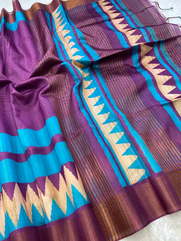 Libni_Purple_–_Navratri_Special_|_Soft_Tussar_Silk_Saree_with_Print,_Border_&_Contrast_Print_Blouse_with_Tassels