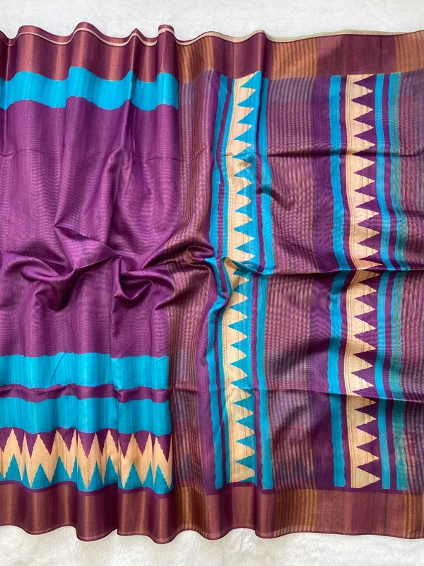 Libni_Purple_–_Navratri_Special_|_Soft_Tussar_Silk_Saree_with_Print,_Border_&_Contrast_Print_Blouse_with_Tassels