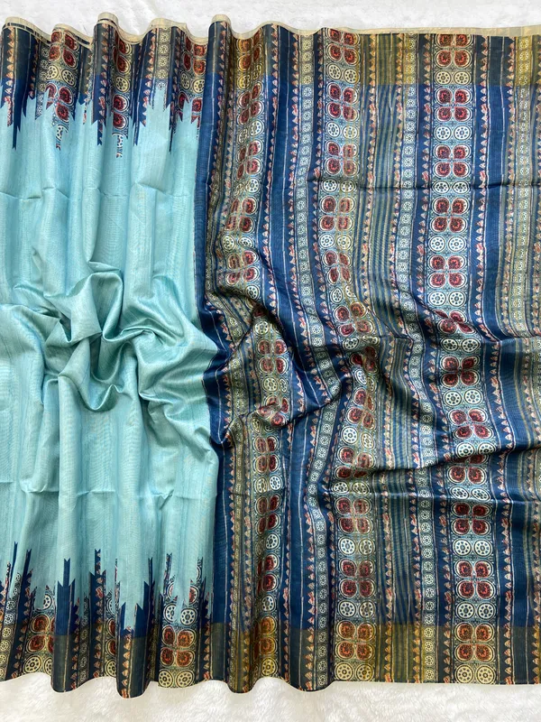 Soft_Tussar_Silk_sarees_with_Beautiful_Print_With_Attractive_Border_And_Contrast_Print_Blouse_With_Tassels
