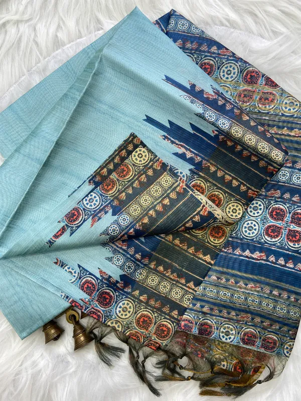 Soft_Tussar_Silk_sarees_with_Beautiful_Print_With_Attractive_Border_And_Contrast_Print_Blouse_With_Tassels