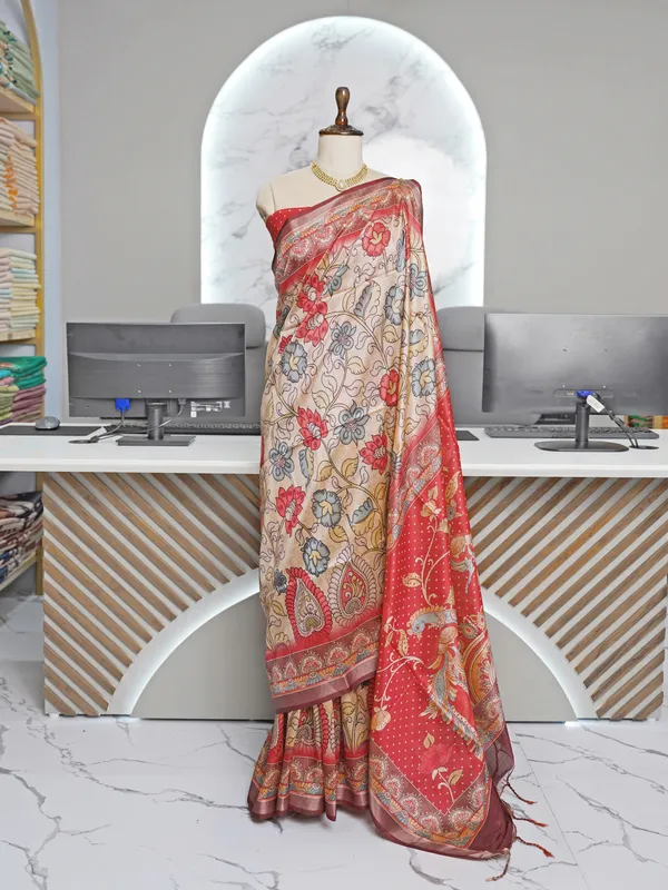 Soft_Tussar_Silk_sarees_with_Beautiful_Digital_Print_With_Attractive_Border_And_Contrast_Print_Blouse_With_Tassels