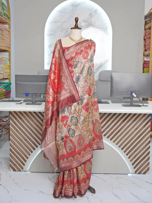 Soft_Tussar_Silk_sarees_with_Beautiful_Digital_Print_With_Attractive_Border_And_Contrast_Print_Blouse_With_Tassels