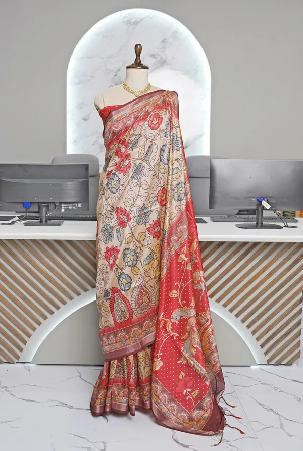 Soft_Tussar_Silk_sarees_with_Beautiful_Digital_Print_With_Attractive_Border_And_Contrast_Print_Blouse_With_Tassels