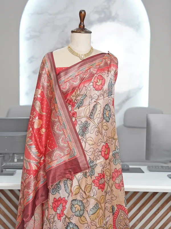 Soft_Tussar_Silk_sarees_with_Beautiful_Digital_Print_With_Attractive_Border_And_Contrast_Print_Blouse_With_Tassels