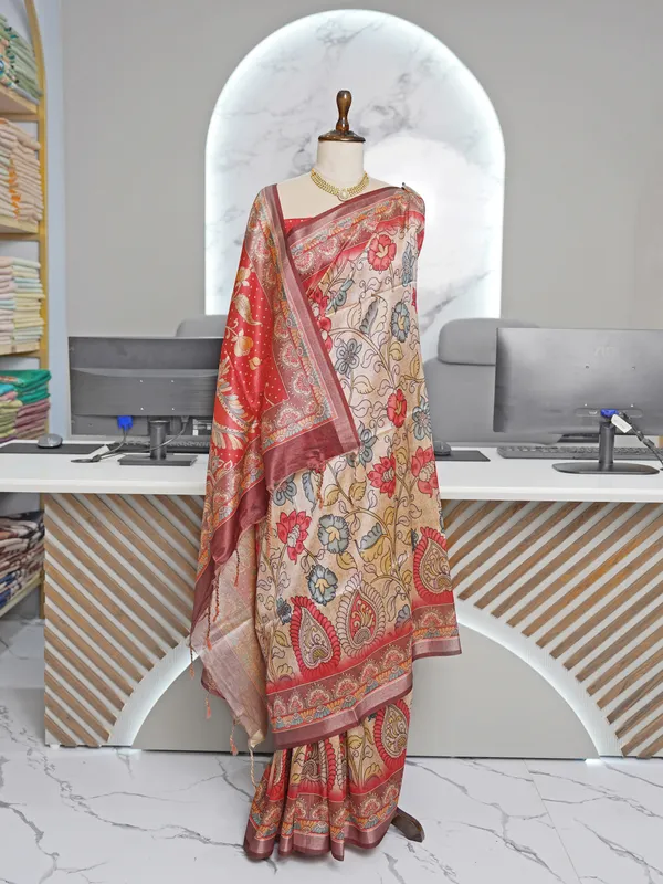 Soft_Tussar_Silk_sarees_with_Beautiful_Digital_Print_With_Attractive_Border_And_Contrast_Print_Blouse_With_Tassels