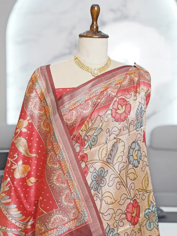 Soft_Tussar_Silk_sarees_with_Beautiful_Digital_Print_With_Attractive_Border_And_Contrast_Print_Blouse_With_Tassels